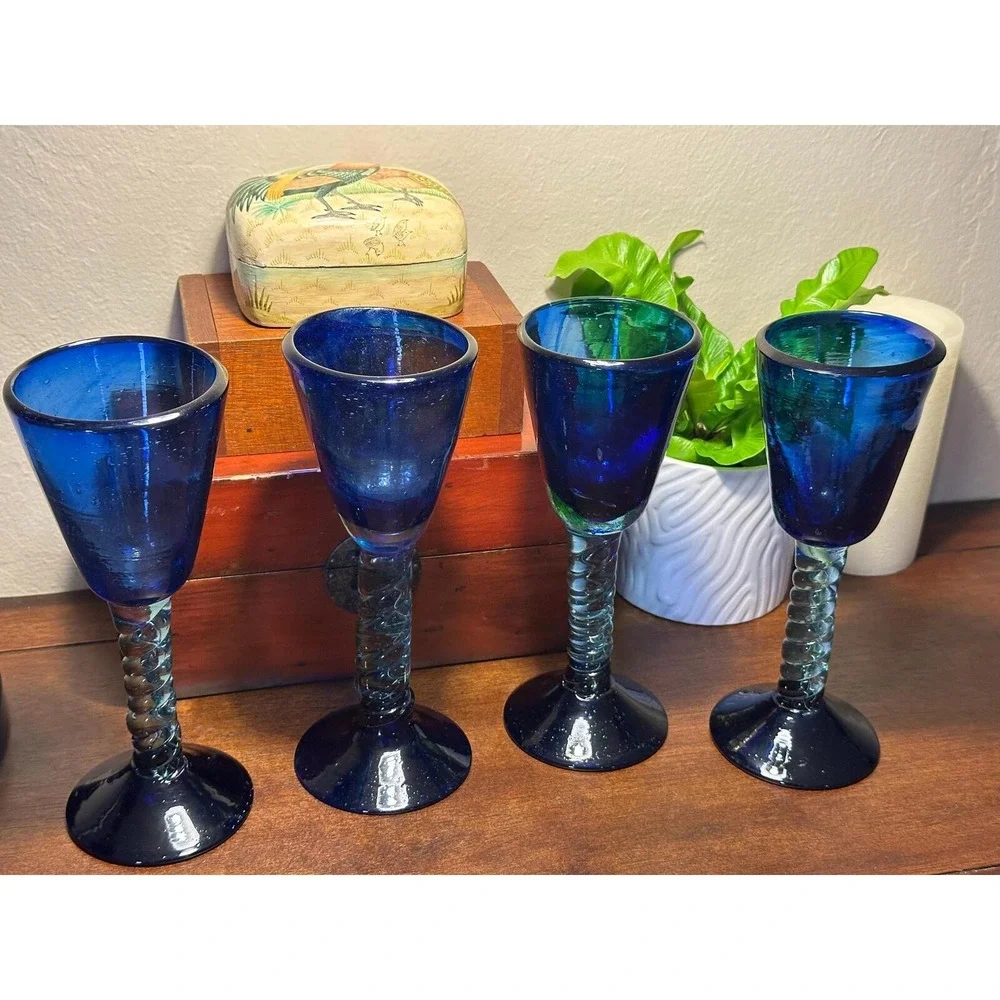 Vintage Cobalt Blue Mexican Hand-Blown Wine Goblets-Set of 4 MCM Barware Glasses